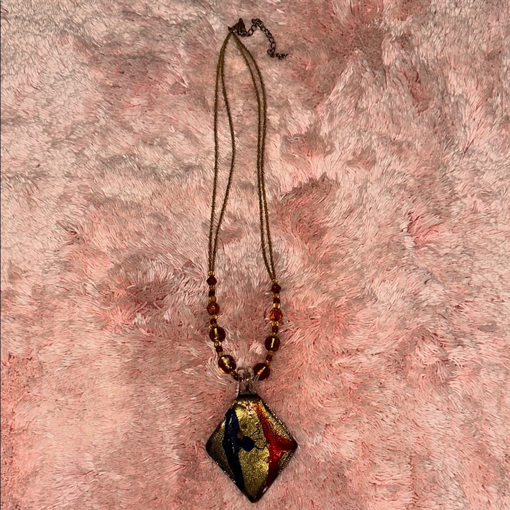 Elegant Gold and multi color murano style glass  Pendant Necklace